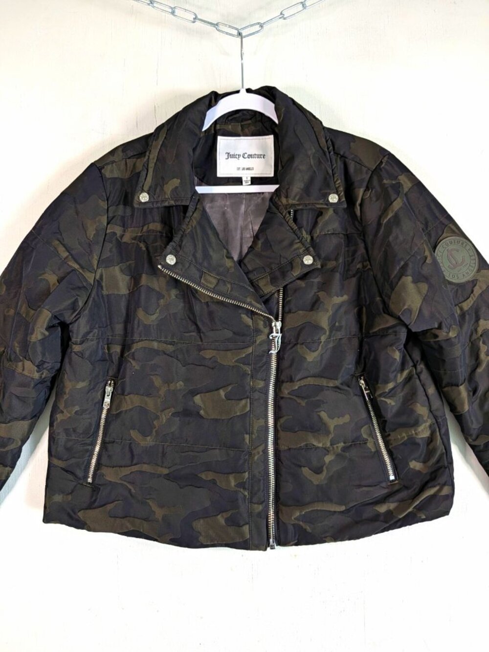Juicy Couture Camo Moto Puffer Jacket Womens S Asymmetric Zip Green Black